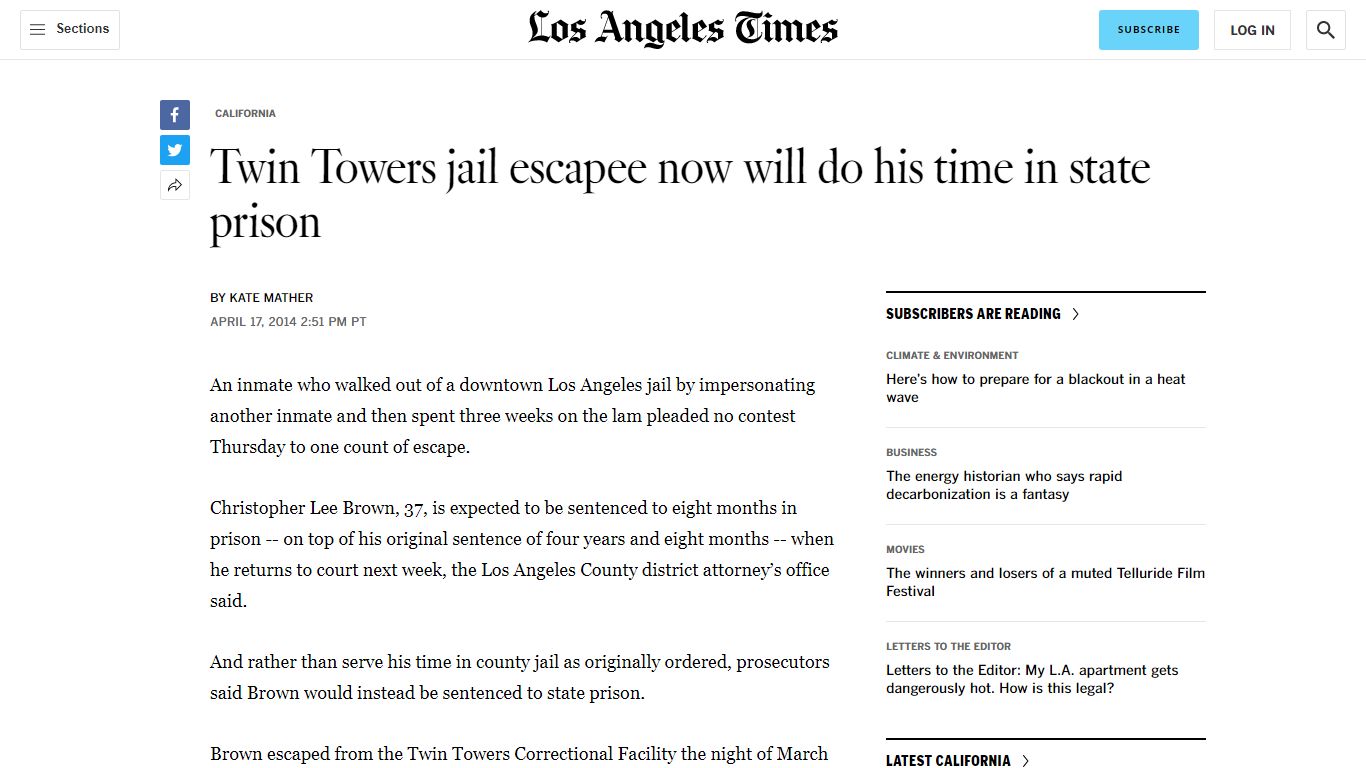 Twin Towers jail escapee now will do his time in state prison